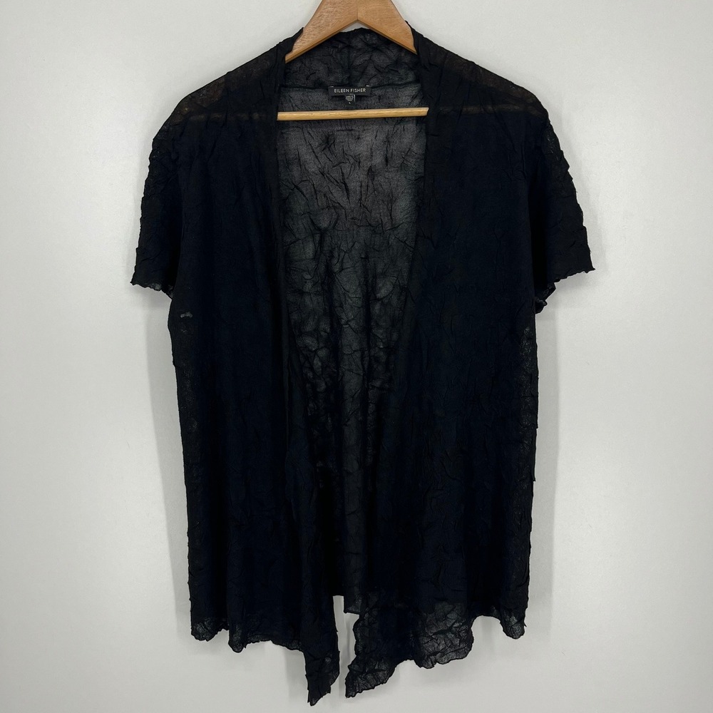 Eileen Fisher Black Crinkle Knit Open Front Cardigan Short Sleeve Sheer Size L